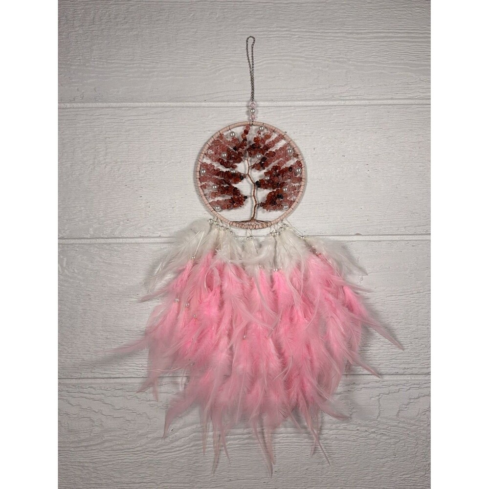 Pink Tree of Life Dream Catcher Rose Quartz Carnelian Feather Wall Hanging 25"